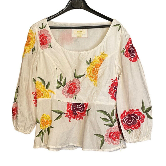 Anthropologie Tops - ANTHROPOLOGIE Maeve Womens Floral Embroidered Blouse Puff Sleeves Boho Size 2